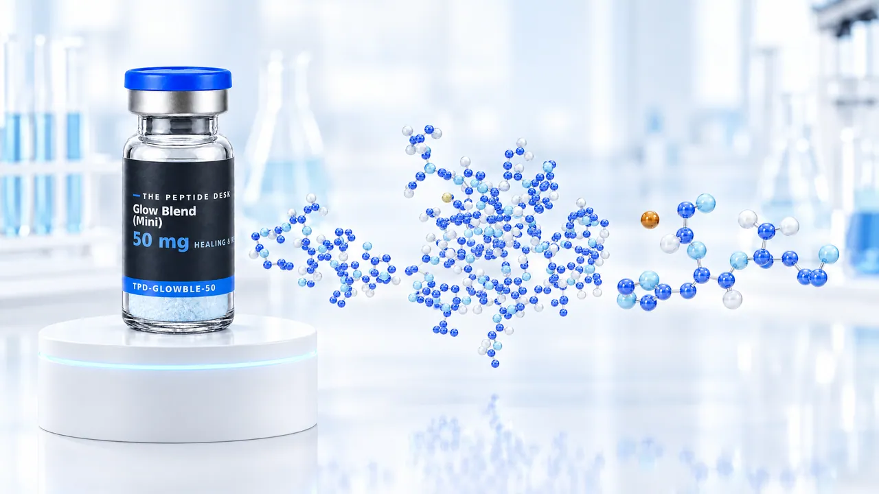 Glow Blend (Mini) vial with white powder and the black TPD label on a white podium, next to three blue 3D molecule models, one with a copper-coloured atom