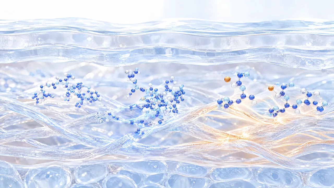 Glass-like tissue layers with fibres, blue molecules and copper-coloured atoms inside in a warm glow