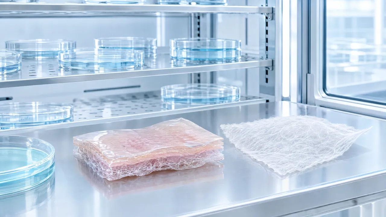 Stainless steel incubator with Petri dishes, a layered tissue sample and a fine mesh tissue in front