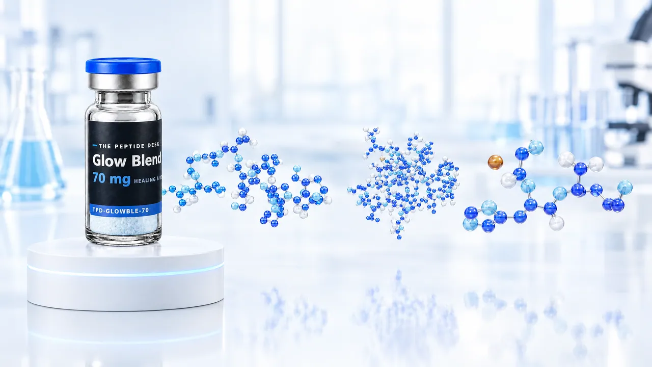 Vial with white powder, a blue cap and a black TPD label for Glow Blend on a white podium, next to it three molecule models of blue glass spheres, one with a copper-coloured atom, in a bright lab
