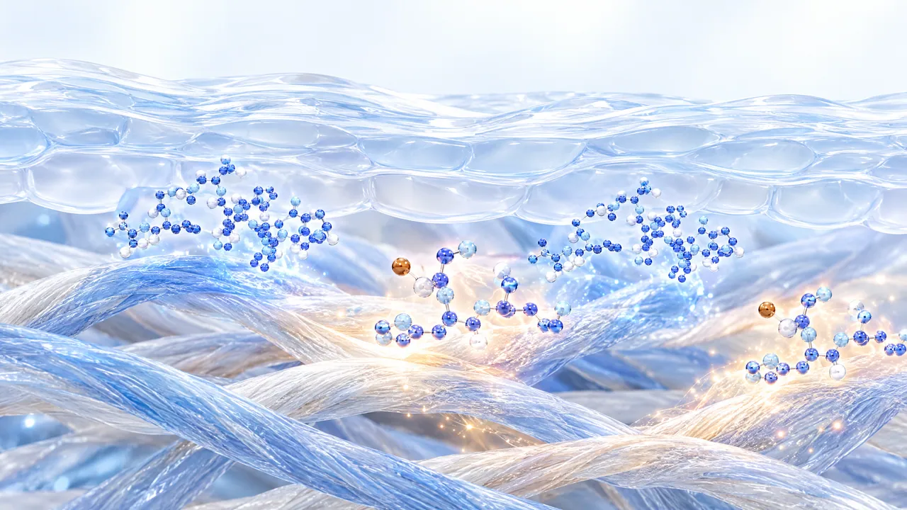 Glass skin layers above strands of collagen fibres, blue molecules with copper-coloured atoms inside in a warm glow
