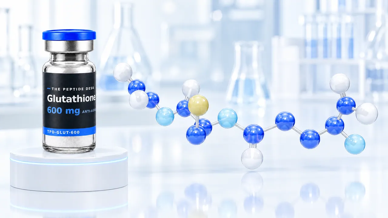 Glutathione vial with white powder and the black TPD label on a white podium, next to a blue 3D molecule model with a yellow sulphur atom