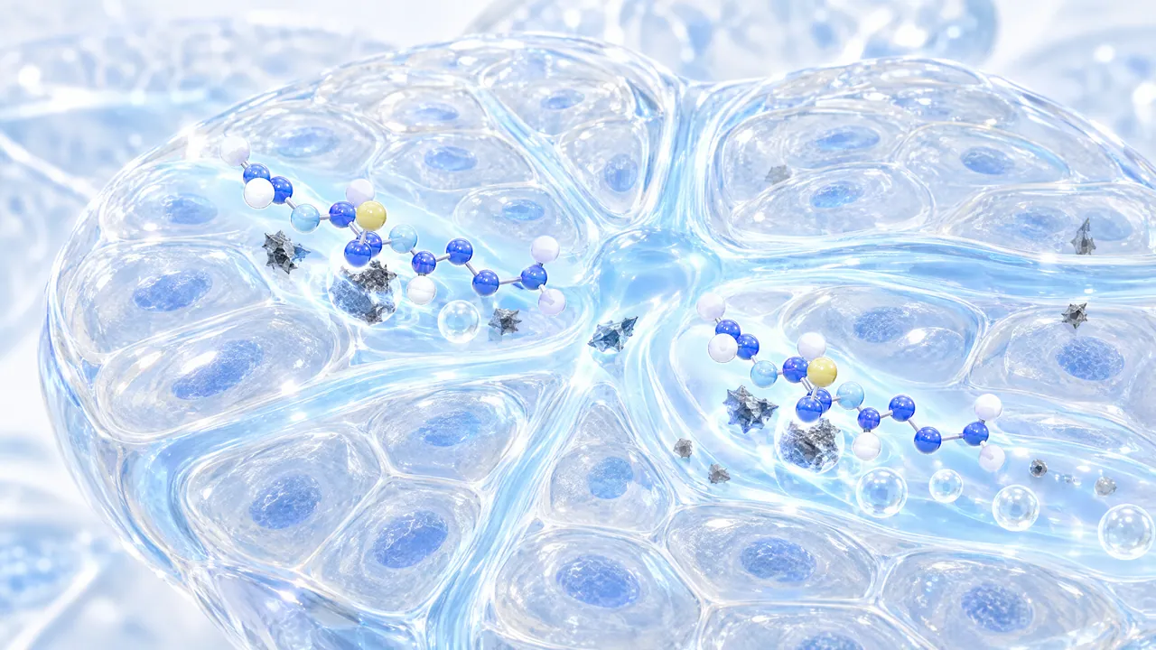 Glass-like cells with blue nuclei, with blue molecule chains carrying a yellow sulphur atom and dark particles in between