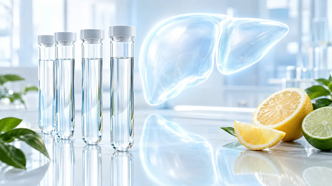 Test tubes with clear liquid, a glass liver model and lemon and lime halves on a bright lab bench