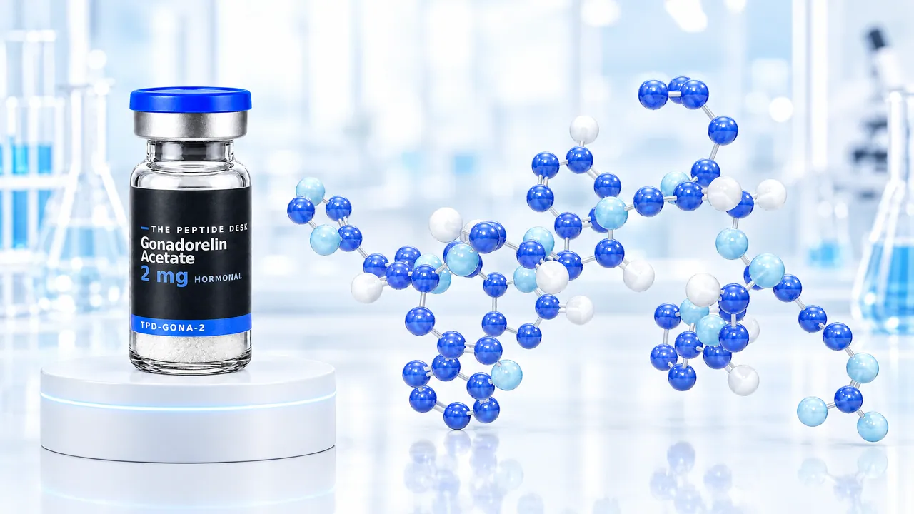 Gonadorelin acetate vial with white powder and the black TPD label on a white podium, next to a large blue 3D molecule model in a bright lab