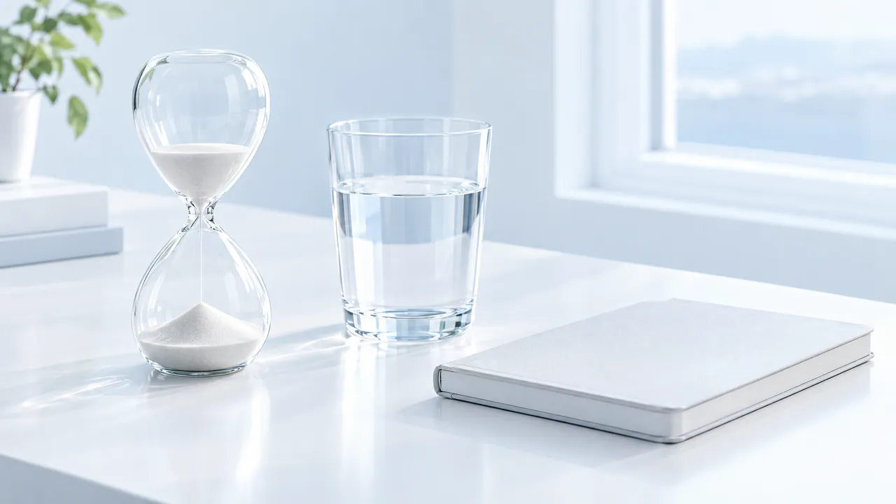 Hourglass, a glass of water and a white notebook on a bright table by the window