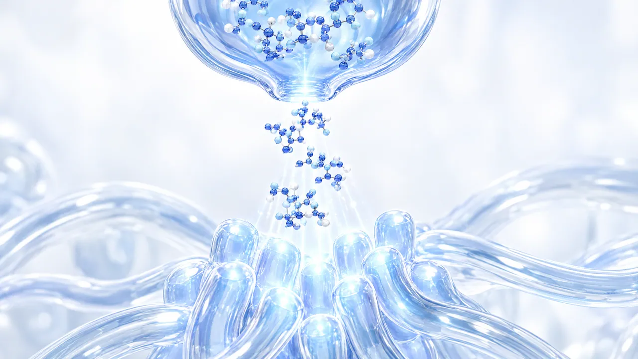 Blue 3D molecules stream down from a glass opening onto glowing glass-like cell structures