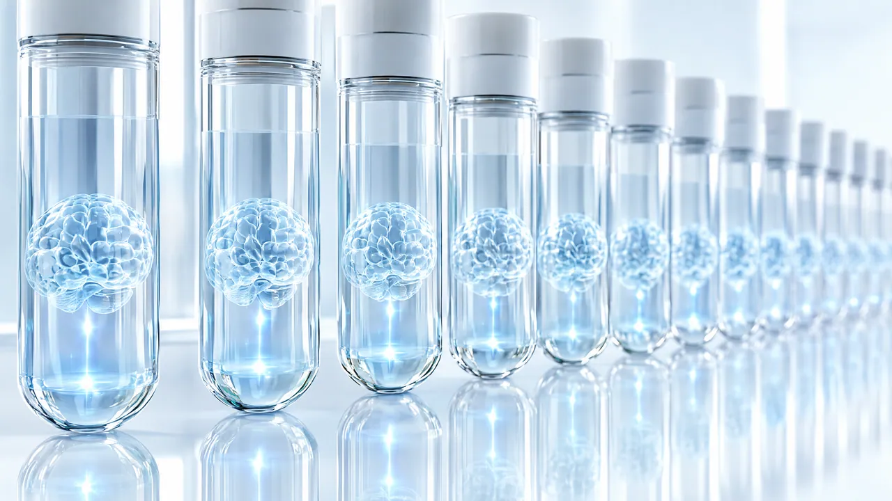 A row of test tubes, each holding a small glowing glass brain model