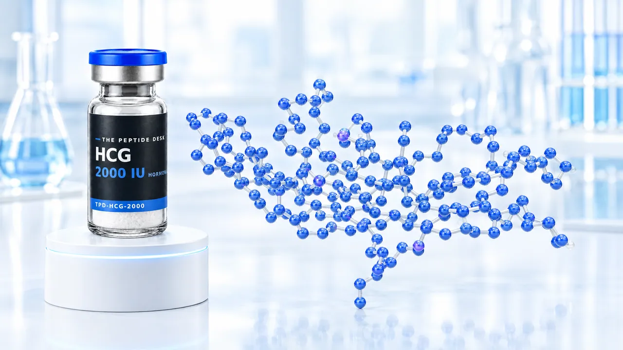HCG vial with white powder and the black TPD label on a white podium, next to it a large network of blue spheres as a hormone molecule in a bright lab