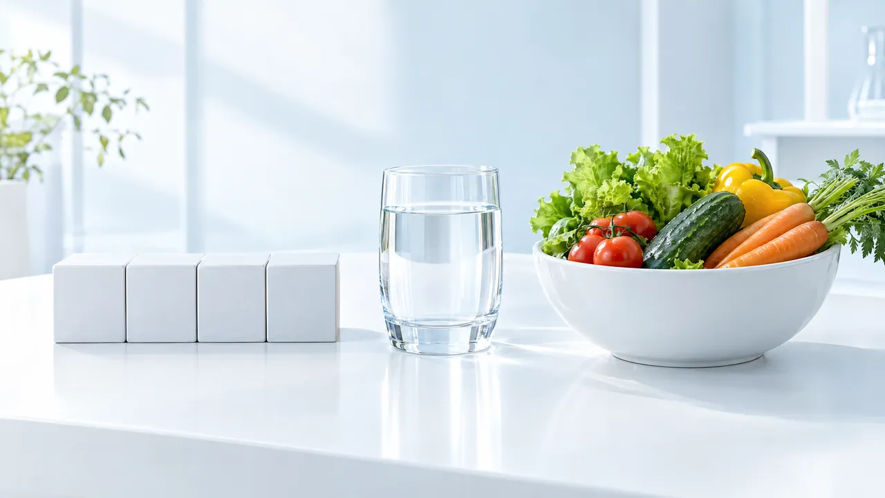 Four white cubes, a glass of water and a bowl of lettuce, tomatoes, cucumber, pepper and carrots on a white table