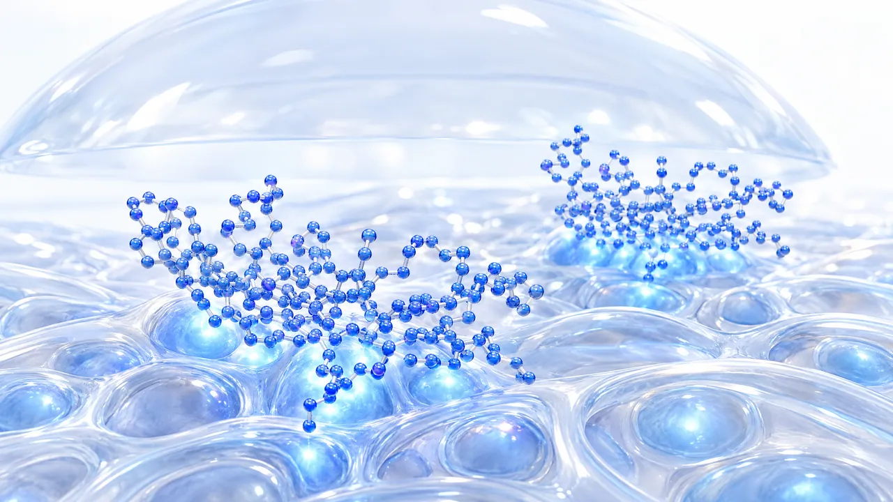 Translucent cells under a glass dome, with two networks of blue spheres docking onto them and lighting up