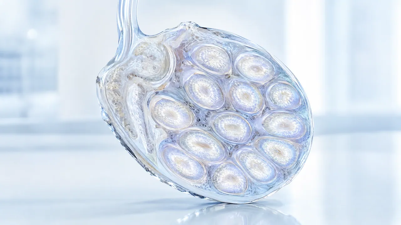 Oval glass model on a stalk with many round tubules in cross-section inside it, in a bright room