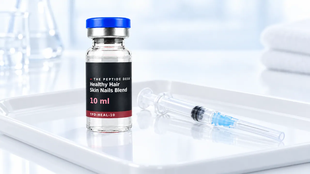Glass vial with clear liquid, a blue cap and a black TPD label for Healthy Hair Skin Nails Blend on a white tray, a disposable syringe beside it