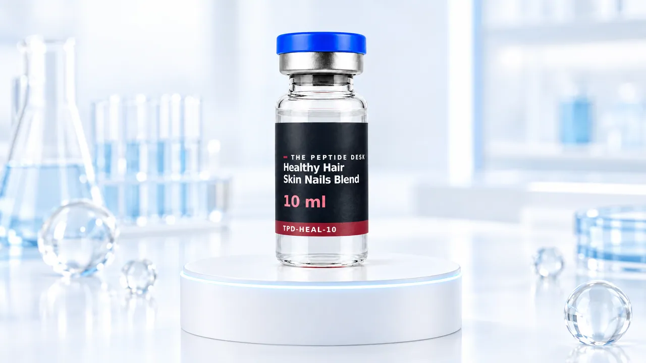 Healthy Hair Skin Nails Blend glass vial with clear liquid and the black TPD label on a white podium, surrounded by glass spheres and lab glassware