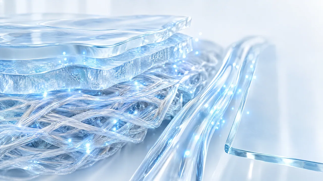 Stacked glass layers above a mesh of fine fibres, next to a glass strand, all with light blue points of light