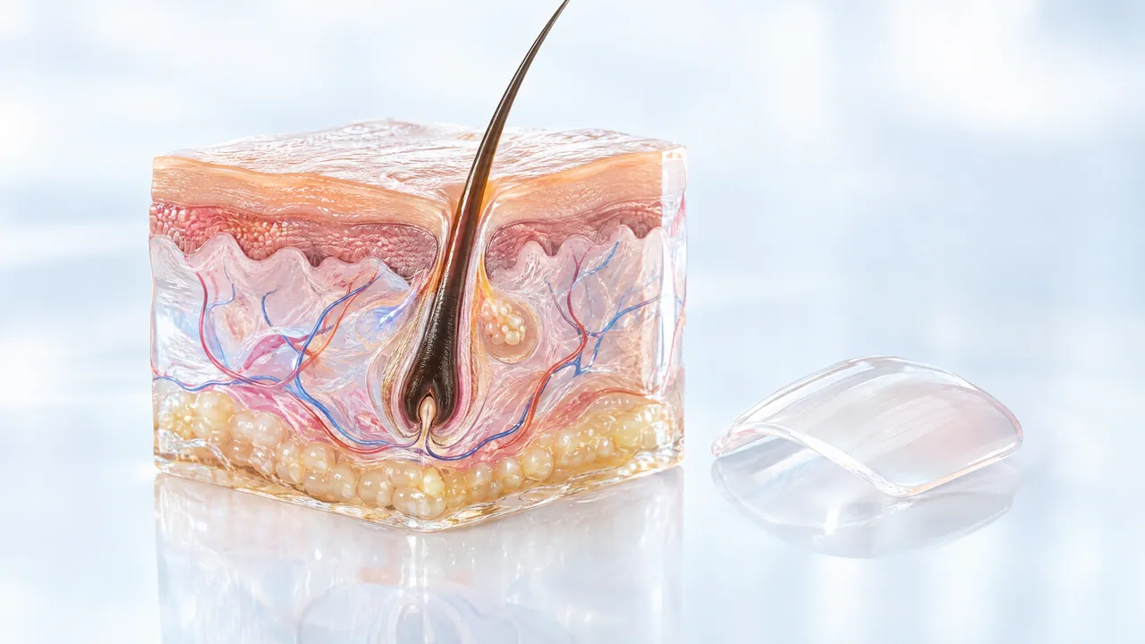 Glass skin cube in cross-section with hair root, blood vessels and fat layer, next to a glass piece shaped like a fingernail
