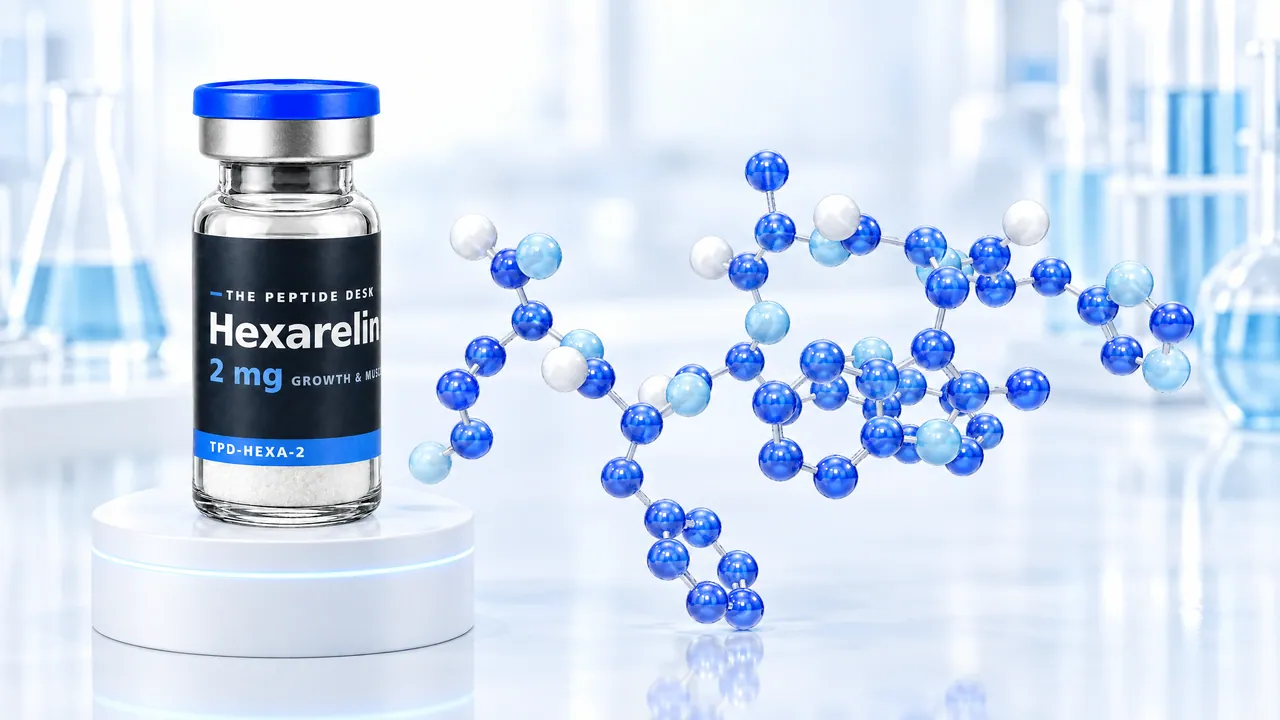 Hexarelin vial with white powder and the black TPD label on a white podium, next to it a molecule of blue, light blue and white spheres in a bright lab
