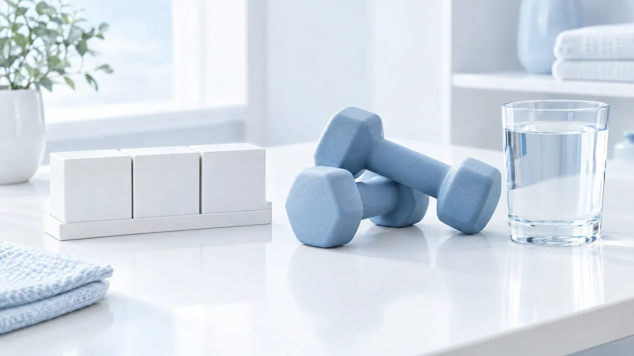 Three white cubes, two light blue dumbbells and a glass of water on a white table, next to a towel and a plant