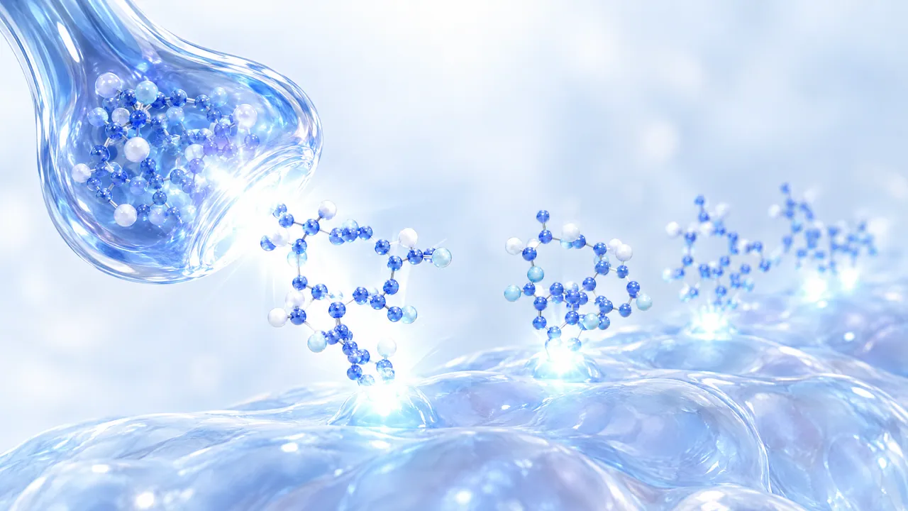 Small molecules of blue and white spheres stream out of a glass vesicle and dock, glowing, onto a wavy cell surface
