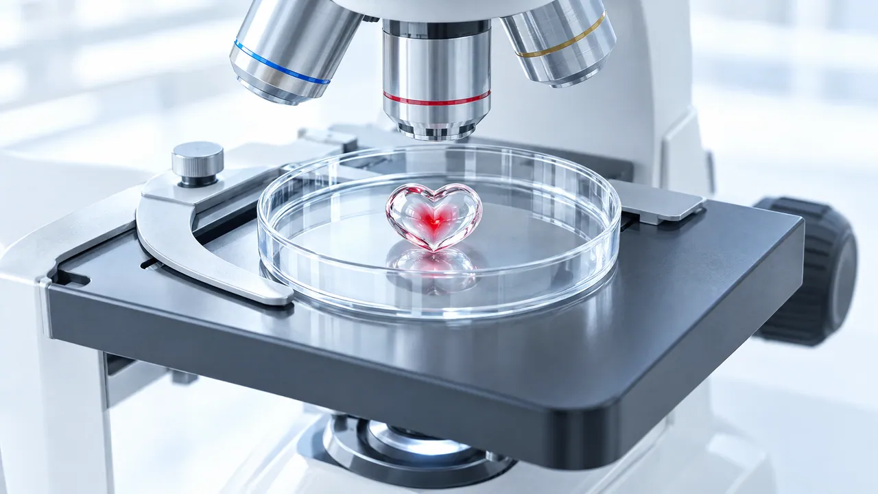 Microscope with a Petri dish holding a small red glass heart, in a bright lab