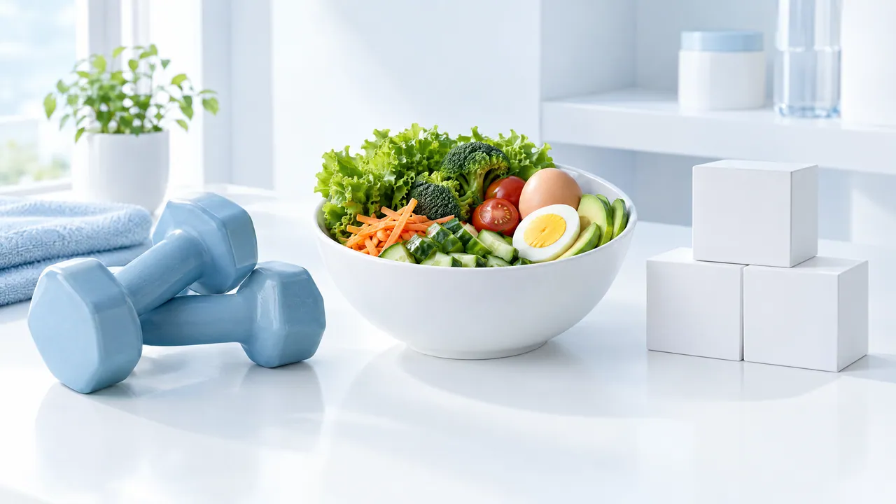 Two light blue dumbbells and a salad bowl with egg, broccoli and vegetables on a bright table
