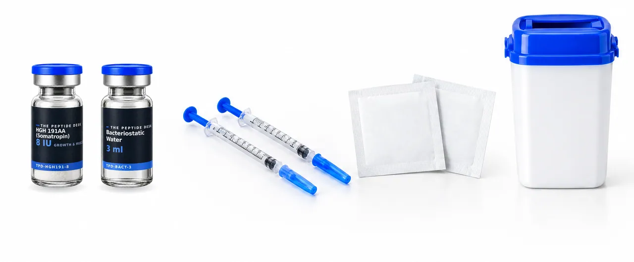 HGH vial and bacteriostatic water at the same size with the black TPD label, next to two U-100 insulin syringes, two alcohol swabs and a sharps container with a blue lid