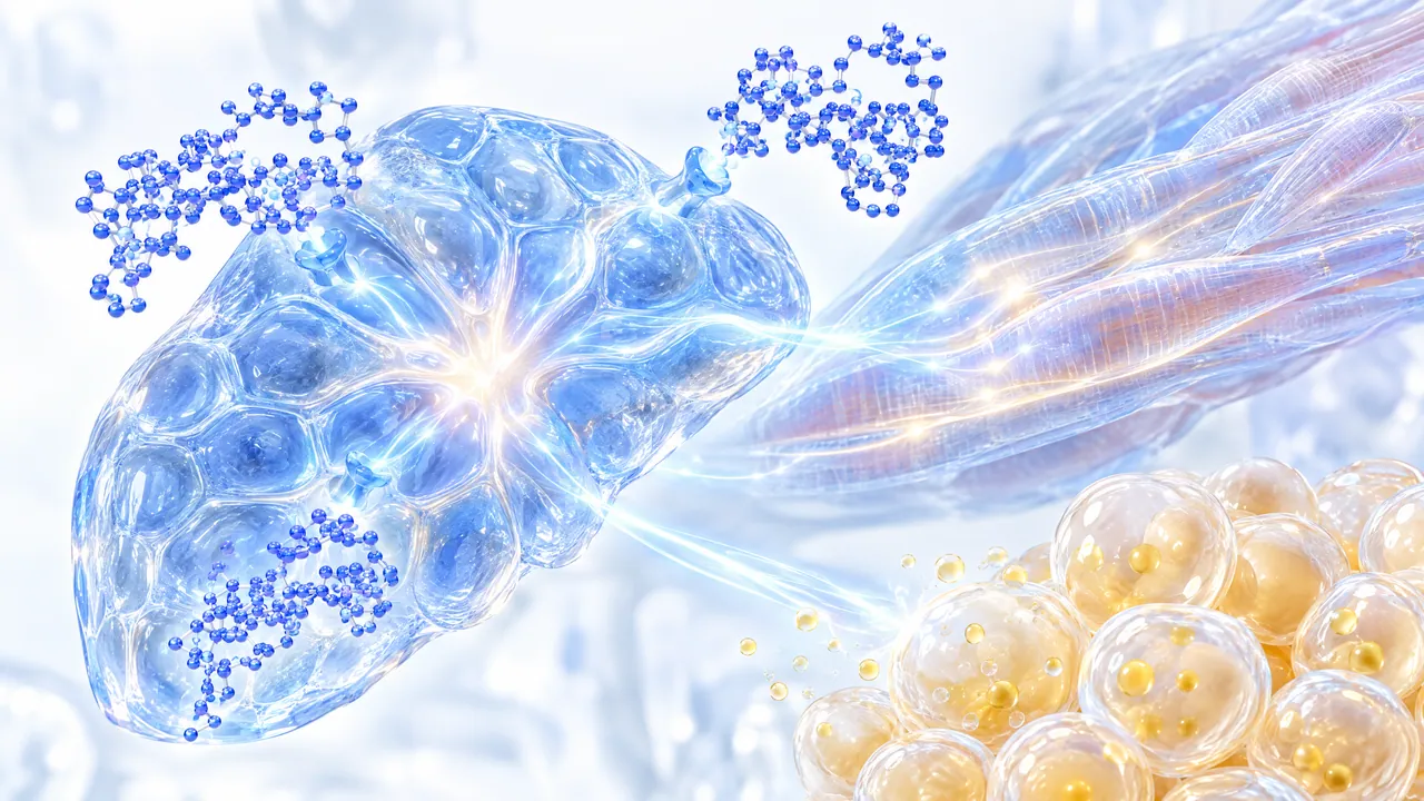 Glass liver model with blue 3D protein folds, with trails of light leading to muscle fibres and yellow fat cells