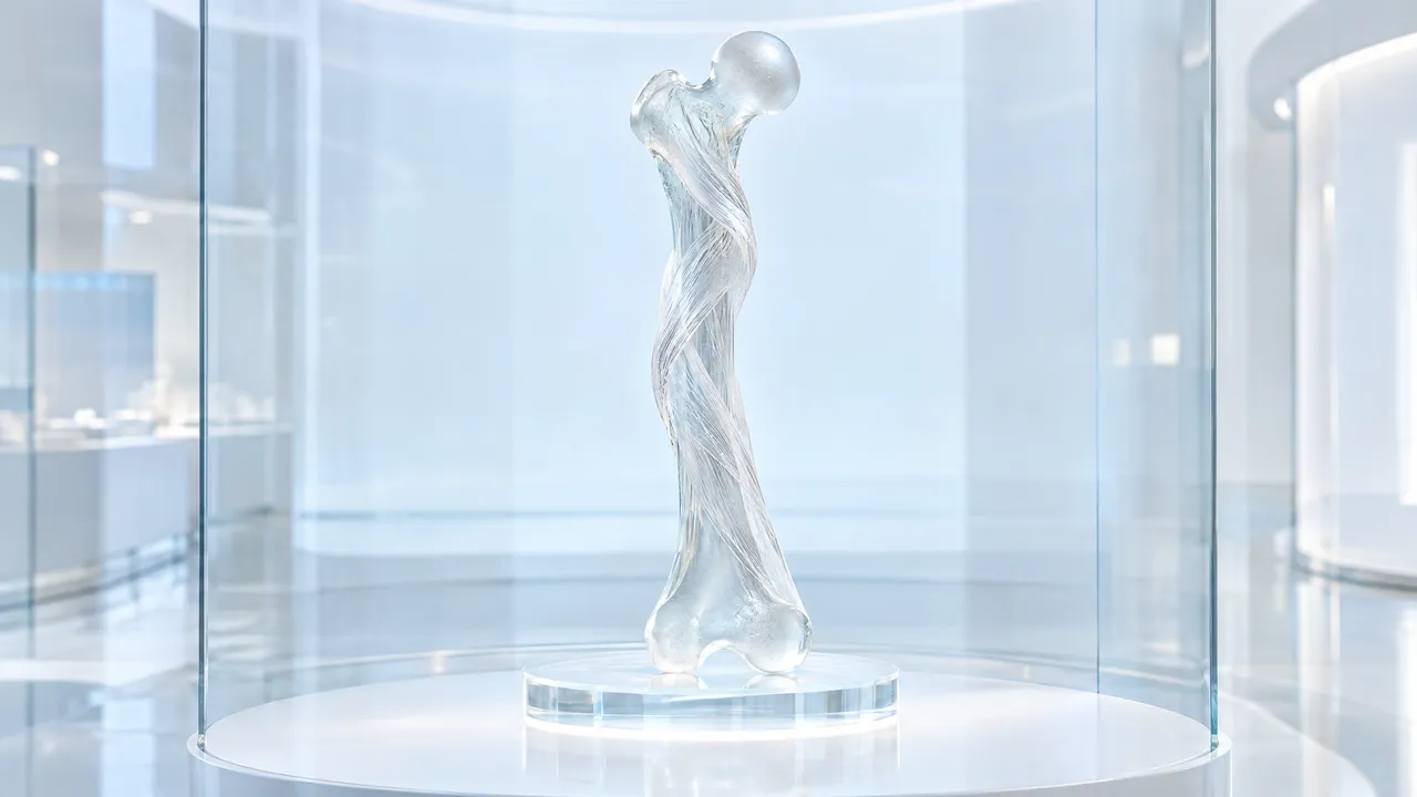 Glass model of a thigh bone under a glass cover in a bright room