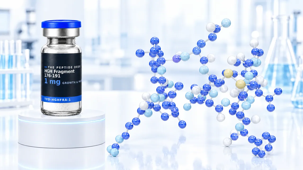Vial with white powder and the black TPD label for HGH Fragment 176-191 on a white podium, next to it a chain of blue, light blue, white and yellowish spheres in a bright lab