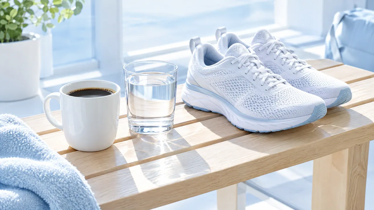 A cup of black coffee, a glass of water and white running shoes on a wooden bench, next to a light blue towel