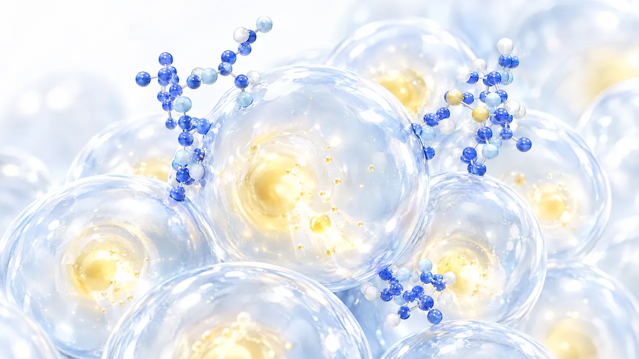 Translucent fat cells as glass spheres with glowing yellow cores, with small molecules of blue and white spheres docking onto them