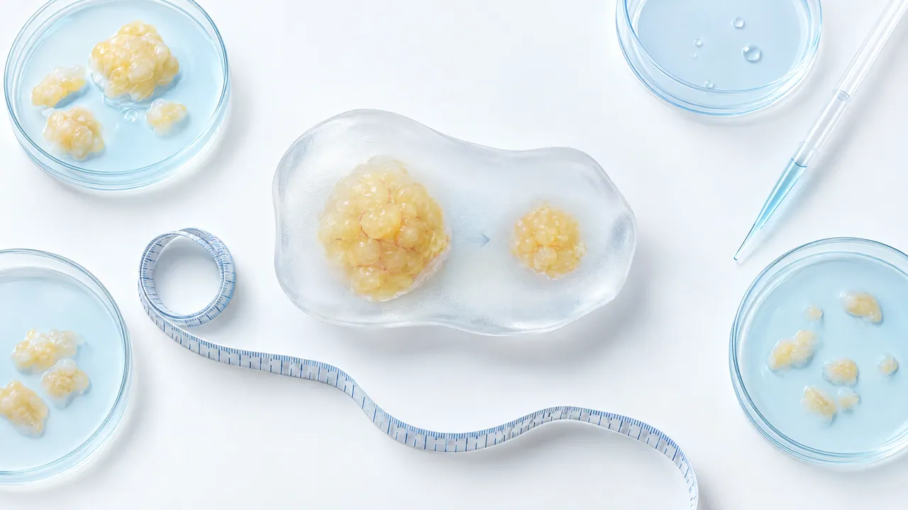 Petri dishes with yellowish pieces of fat tissue, in the centre a glass dish with one large and one smaller piece, next to a tape measure and a pipette