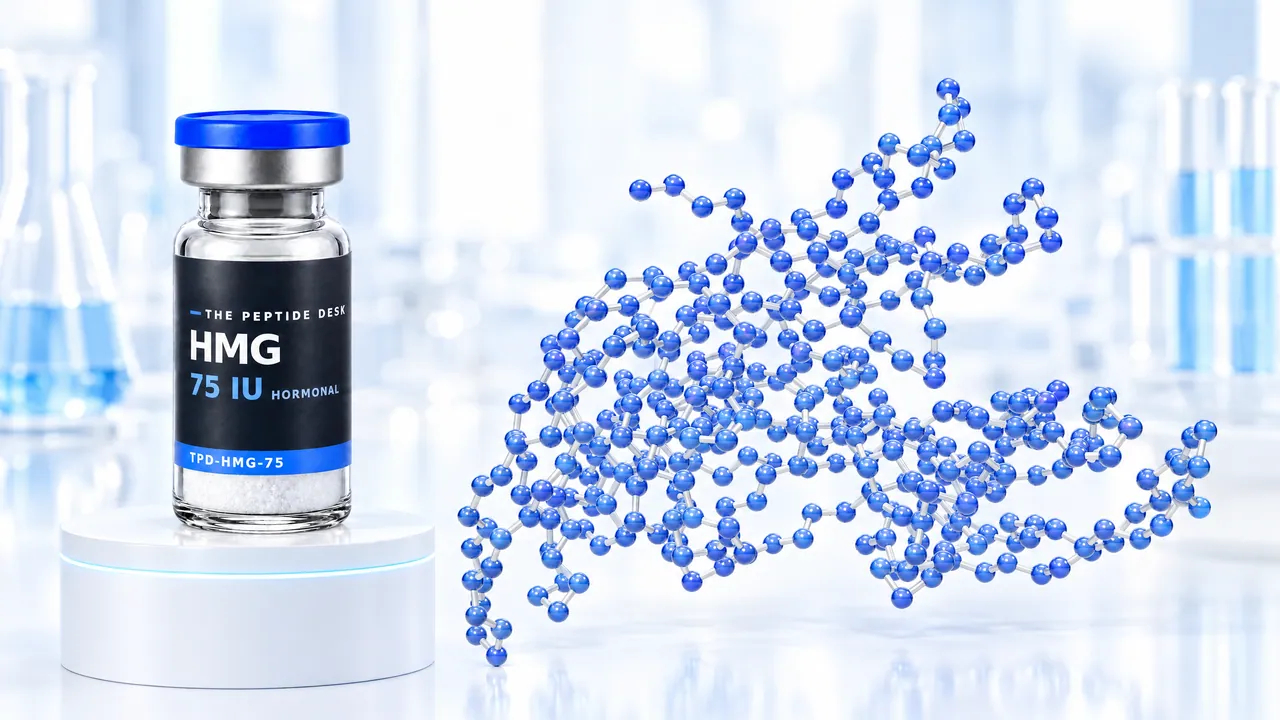 HMG vial with white powder and the black TPD label on a white podium, next to it a large tangle of blue spheres as a hormone molecule in a bright lab