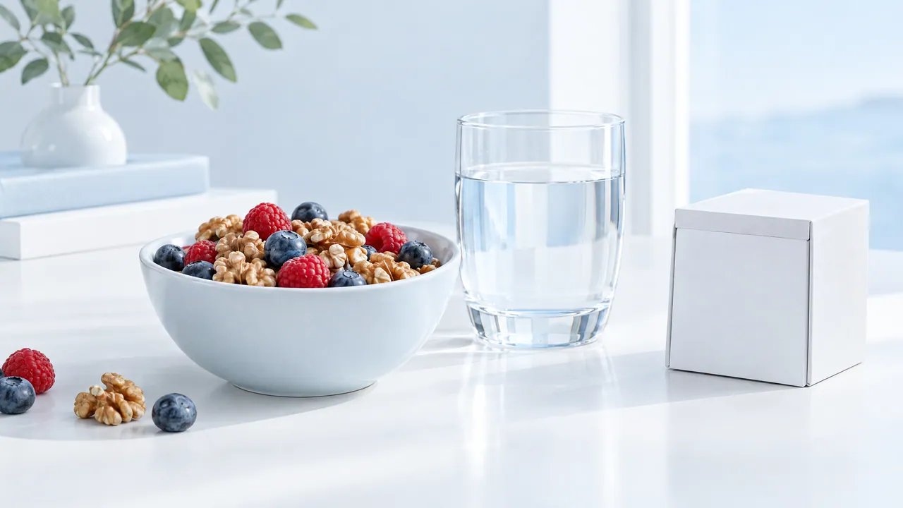 Bowl of nuts and berries, a glass of water and a white cube on a white table, a vase with twigs behind
