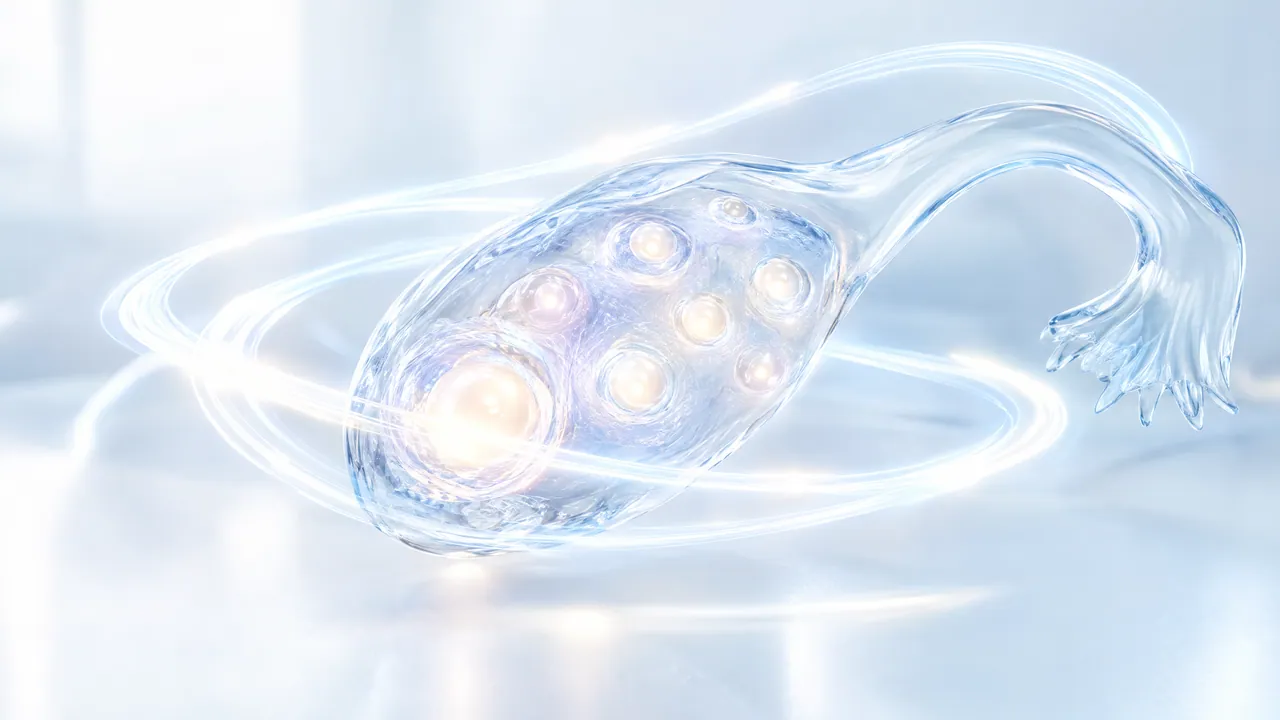 Glass model of an ovary with glowing follicles and a fallopian tube, surrounded by bright light trails