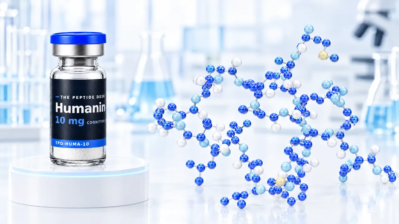 Vial with white powder, a blue cap and a black TPD label for Humanin on a white podium, next to it a large, branched molecule model of blue and white glass spheres in a bright lab