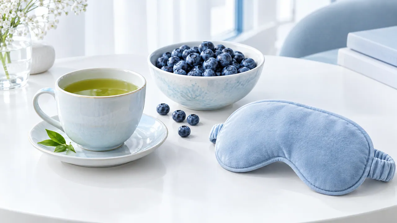A cup of green tea, a bowl of blueberries and a light blue sleep mask on a white table, a small bunch of flowers behind them