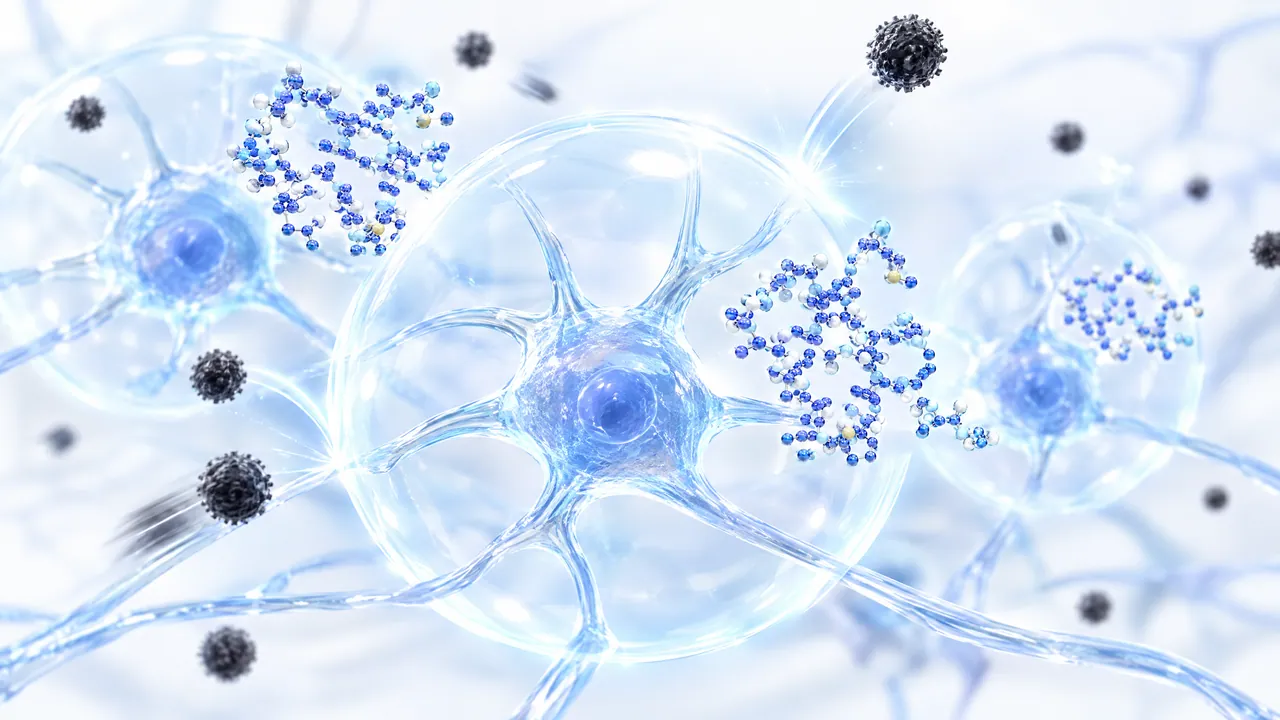 Glass nerve cells, each in a transparent protective bubble, blue molecule clusters beside them, dark spiky particles flying past