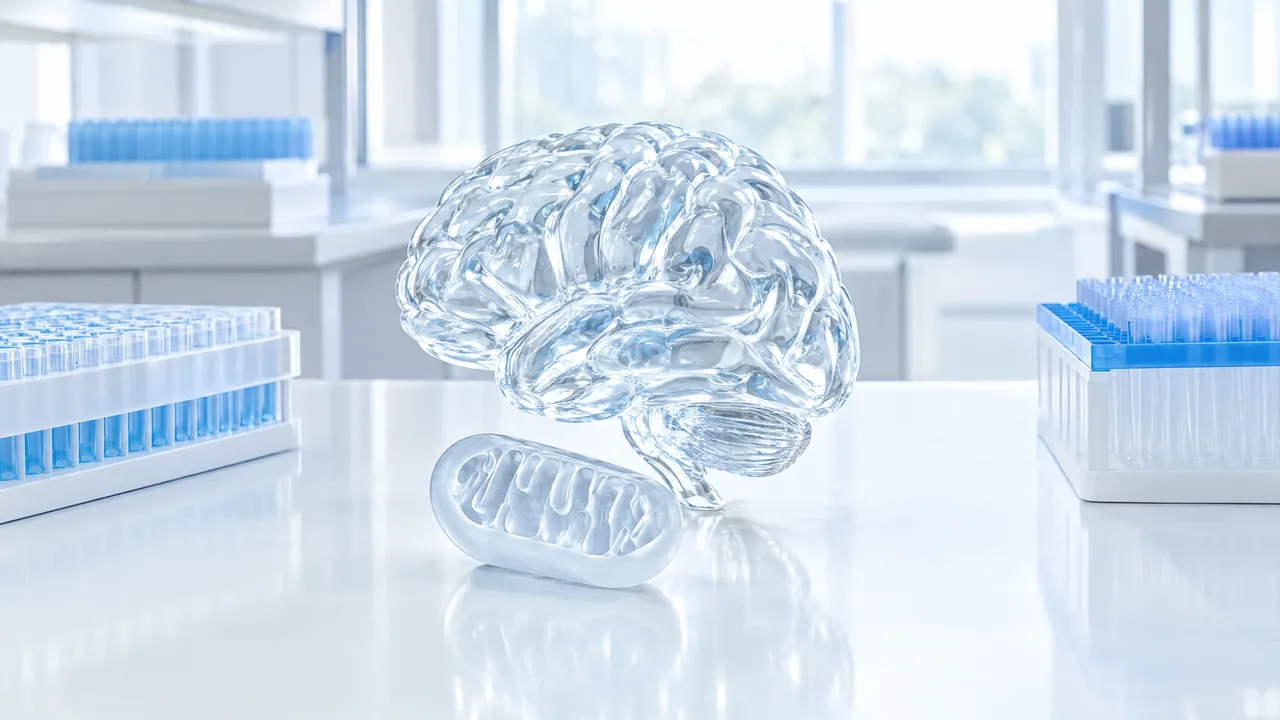 Clear glass brain and a frosted glass mitochondrion on a bright lab bench, racks of sample tubes beside them