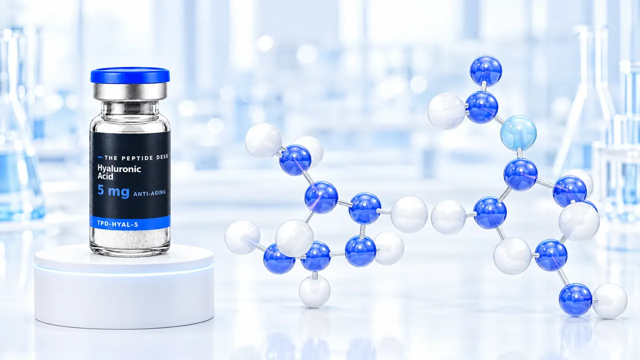 Vial with white powder and the black TPD label for hyaluronic acid on a white podium, next to it a molecule of blue and white spheres with two rings in a bright lab