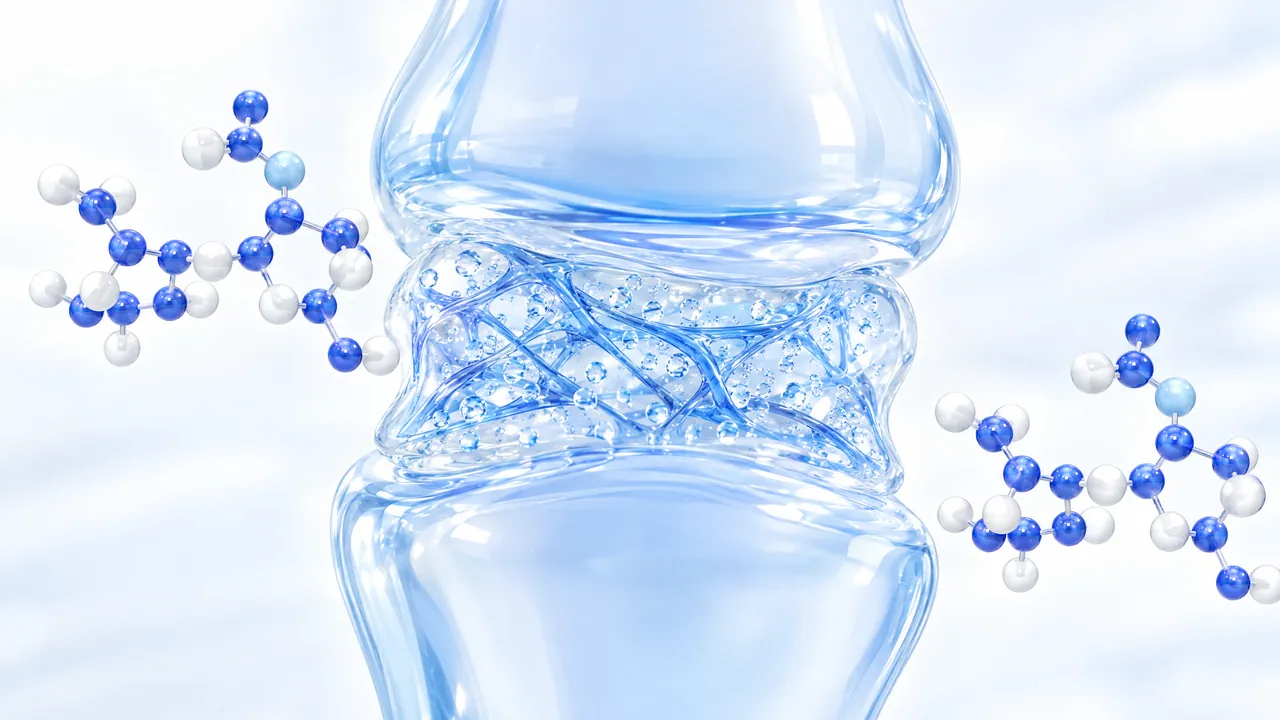 Glass knee joint with a bluish network with bubbles in the joint space, molecules of blue and white spheres on the left and right