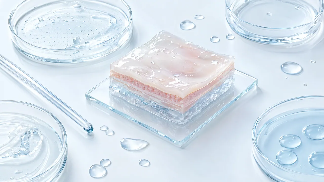 Model of skin layers on a glass plate, surrounded by Petri dishes with clear gel, water droplets and a glass rod