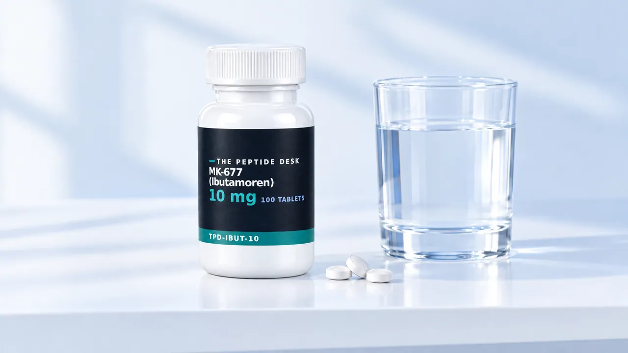 White tablet bottle with a black TPD label for MK-677, next to it three tablets and a glass of water