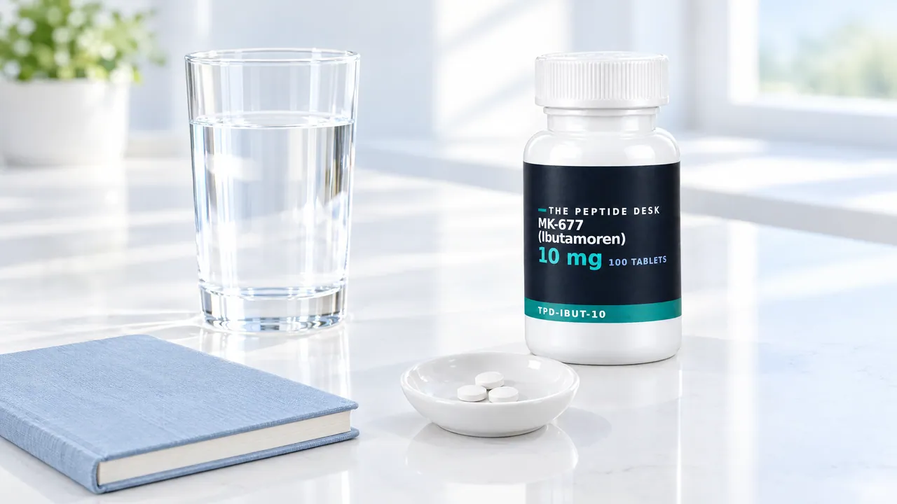 MK-677 bottle with three tablets in a small dish next to a glass of water and a closed notebook