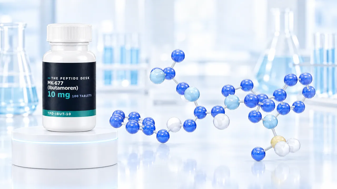 White tablet bottle with a black TPD label for MK-677 (ibutamoren) on a white podium, next to it a large blue 3D molecule in a bright lab