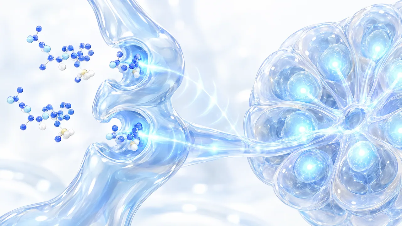 Blue molecules docking onto glassy receptors connected to a glowing glass gland