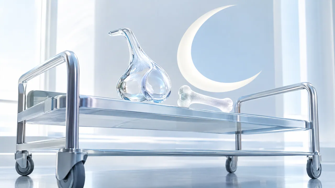 Stainless steel lab cart with a glass stomach model and a bone, a glowing crescent moon behind it