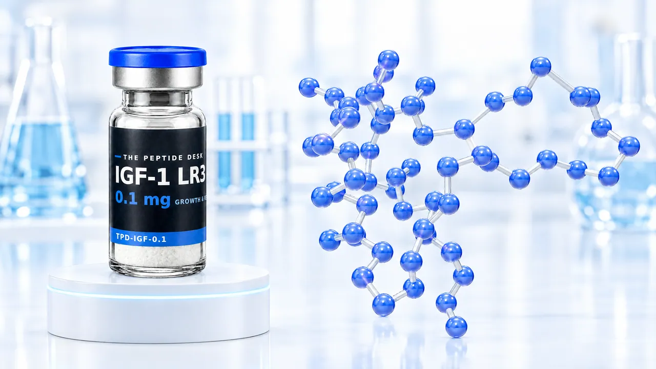 Vial with white powder, a blue cap and a black TPD label for IGF-1 LR3 on a white podium, next to it a structural model of the IGF-1 core made of blue glass spheres, without the LR3 extension