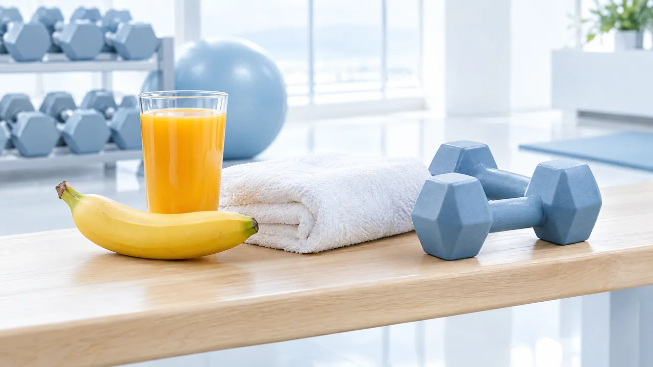 Banana, a glass of orange juice, a folded white towel and two blue dumbbells on a light wooden bench in a gym