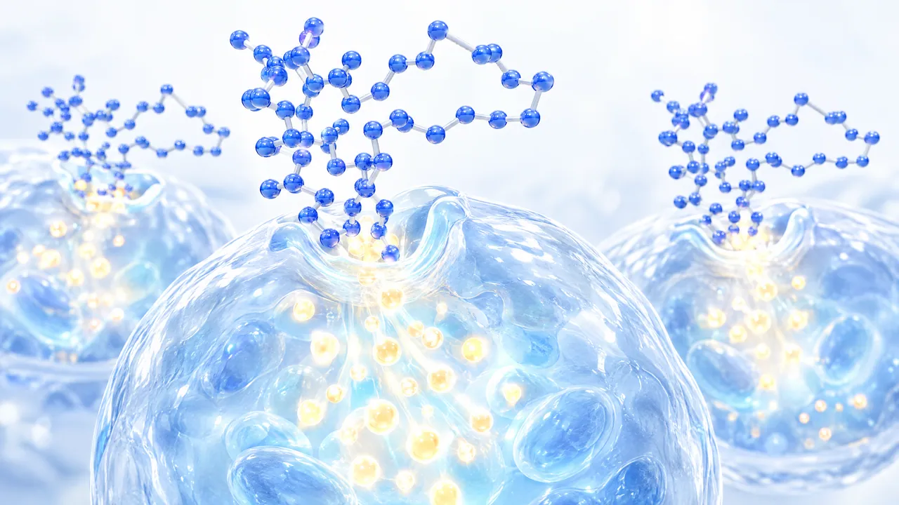 Structural models of the IGF-1 core made of blue glass spheres, without the LR3 extension, dock onto hollows of translucent cells, small glowing spheres stream into the cells